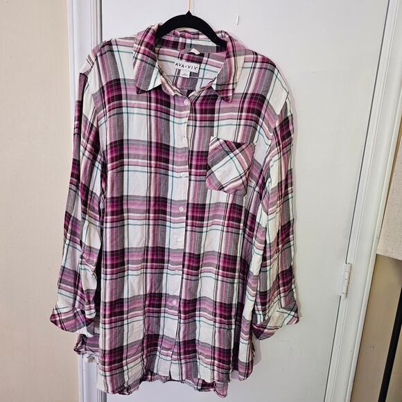 Ava & Viv Lightweight Purple Plaid Sz 2X Button Up Rayon Tunic Length Casual - Picture 1 of 6